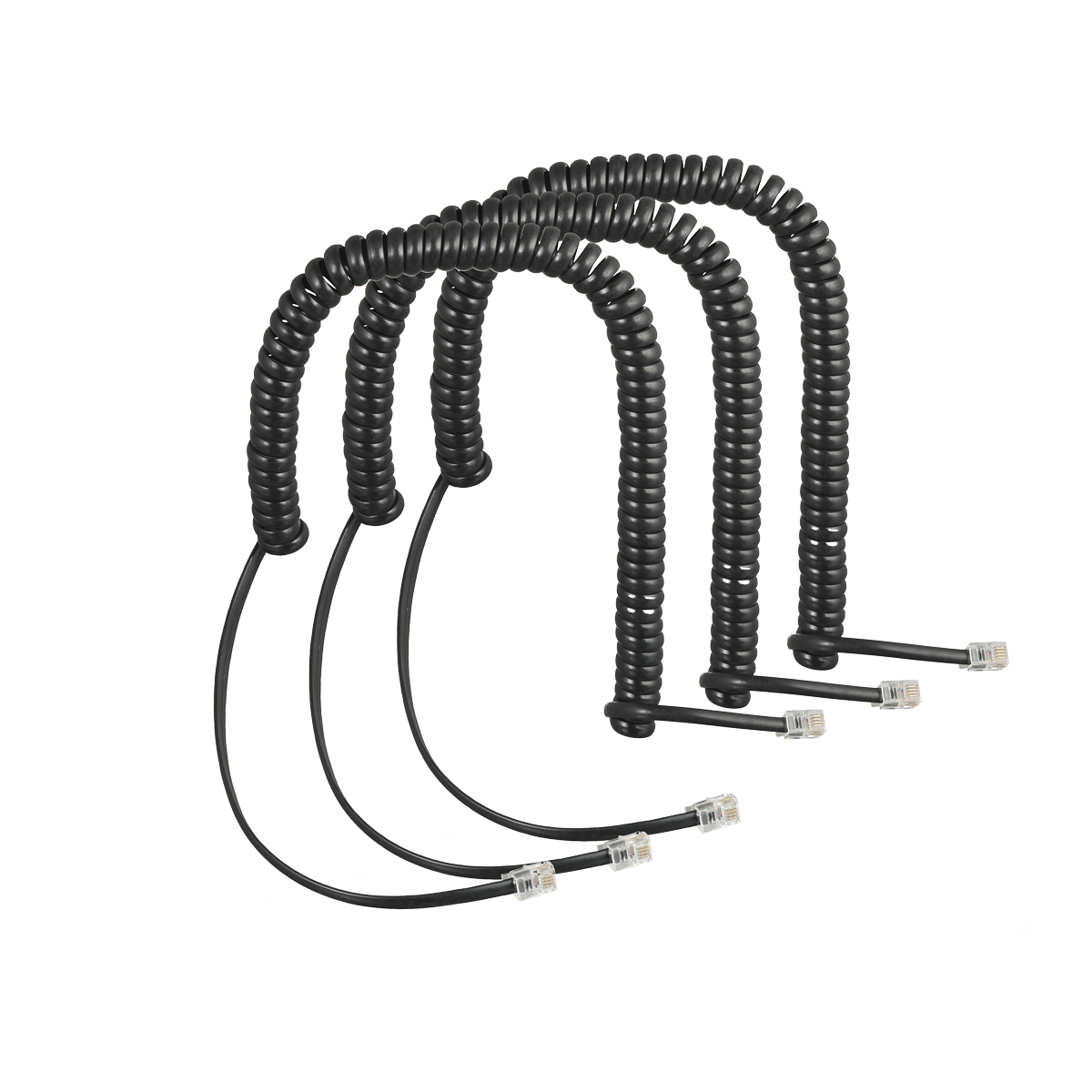 spiralkabel-set-comfortel-handset-55001-a Three black spiral cables, each with RJ-10 plugs on both ends.