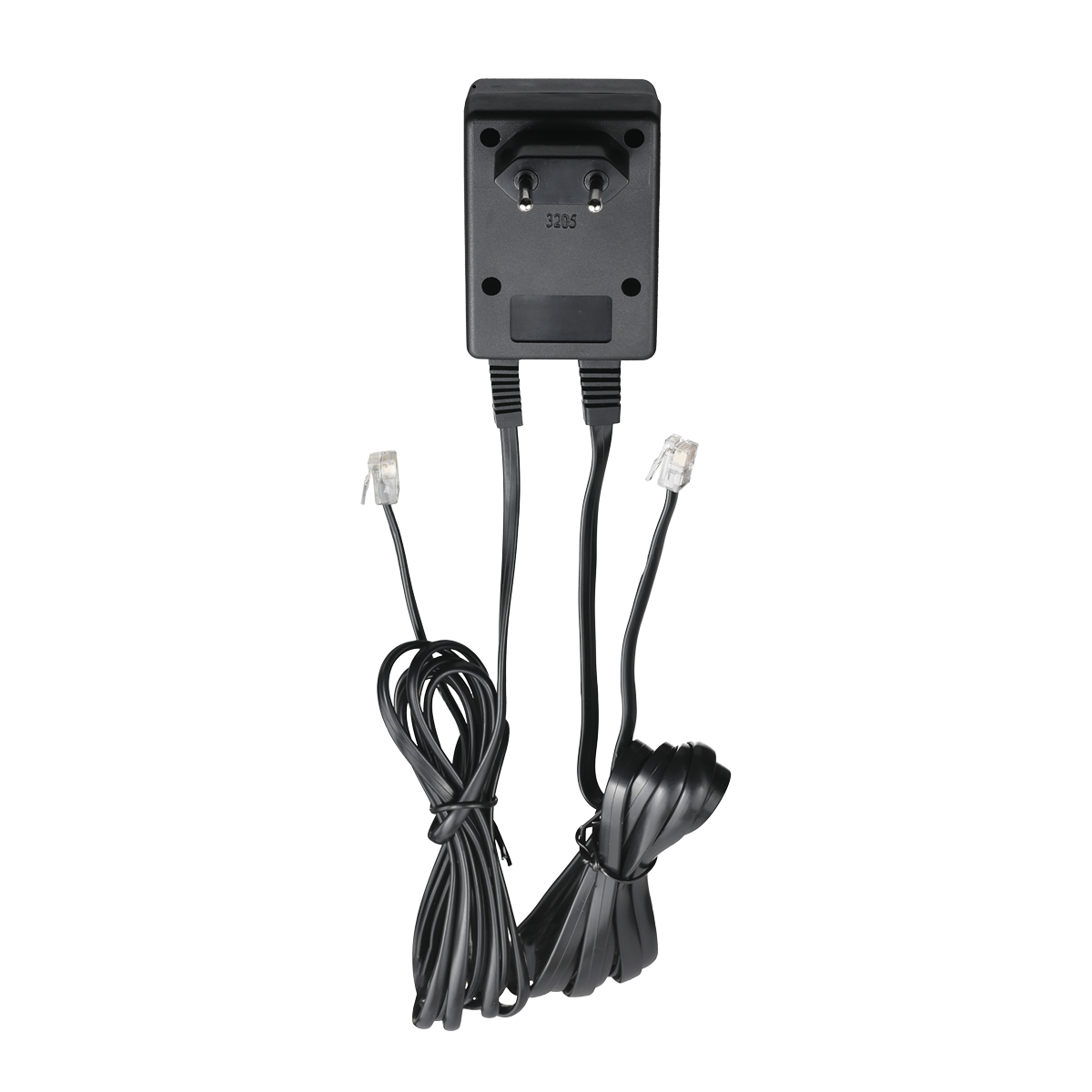 Steckernetzteil im schwarzen Kunststoffgehäuse mit Eurostecker. Fest angebrachte Kabel mit RJ-Steckern zur ISDN-Anschlussdose und zum Telefon.