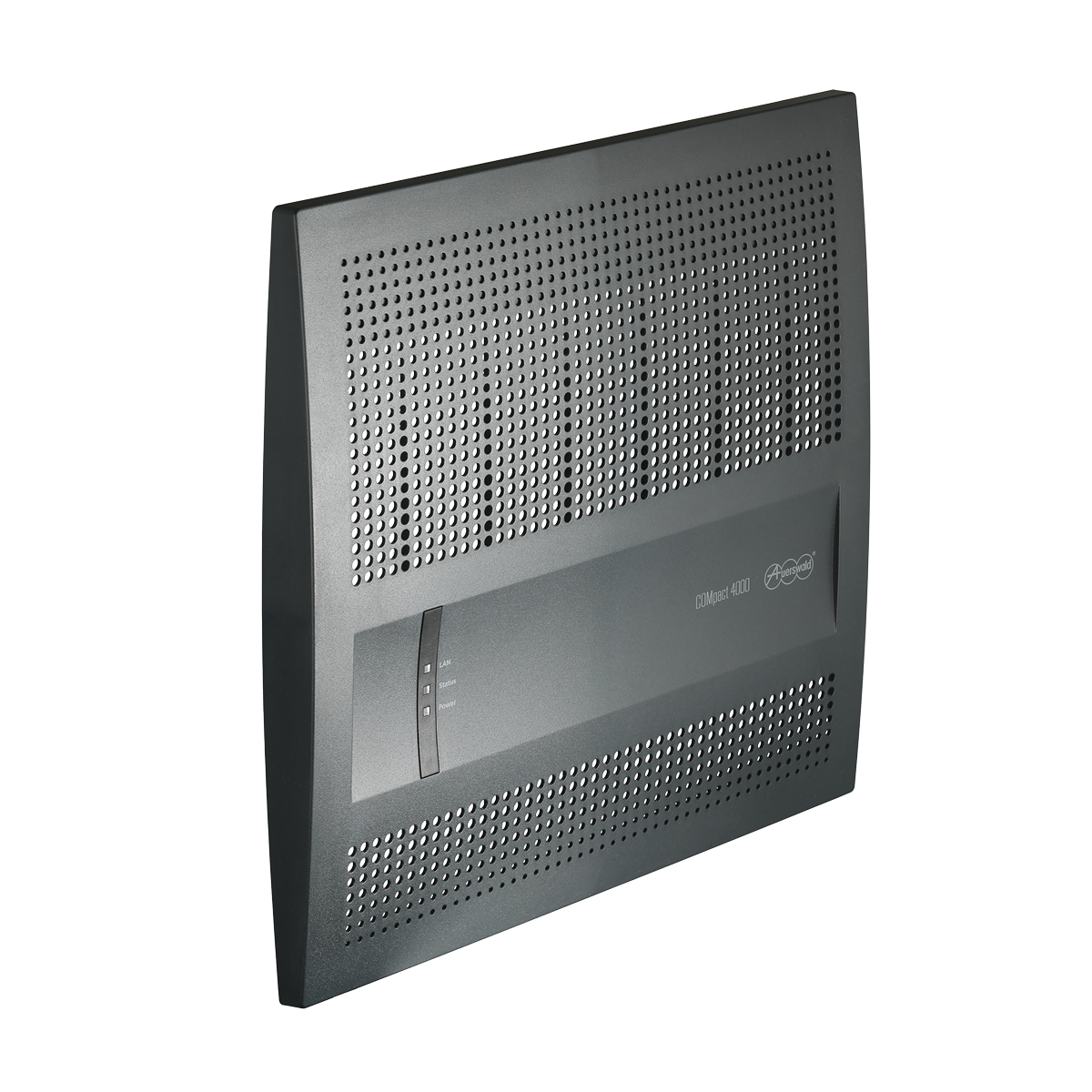 gehaeusedeckel-compact-4000-55010-a View from the right. Anthracite-coloured plastic cover with ventilation holes, built-in LED light guide and imprint of the product name.