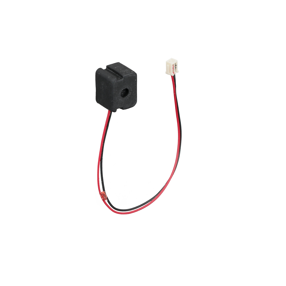 In schwarzem Kunststoff gekapseltes Mikrofon mit Anschlussstecker.