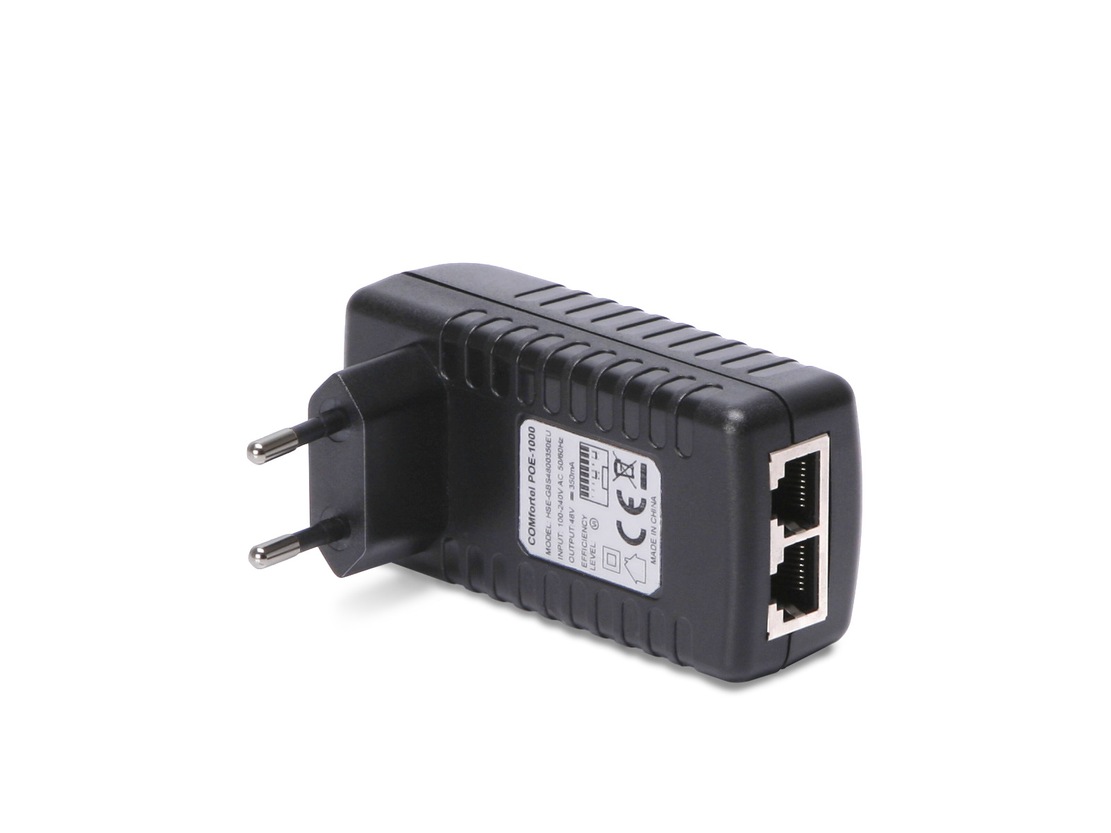 Steckernetzteil im schwarzen Kunststoffgehäuse mit Eurostecker. An der Unterseite zwei RJ-45-Buchsen für LAN-Eingang und PoE-Ausgang.