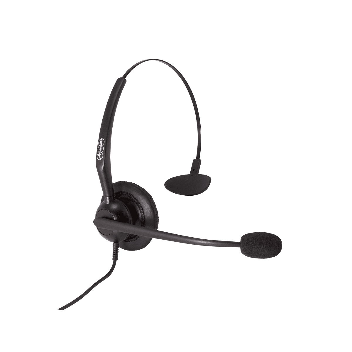 View from left. Black headset with black leatherette ear pads and black foam windshield.