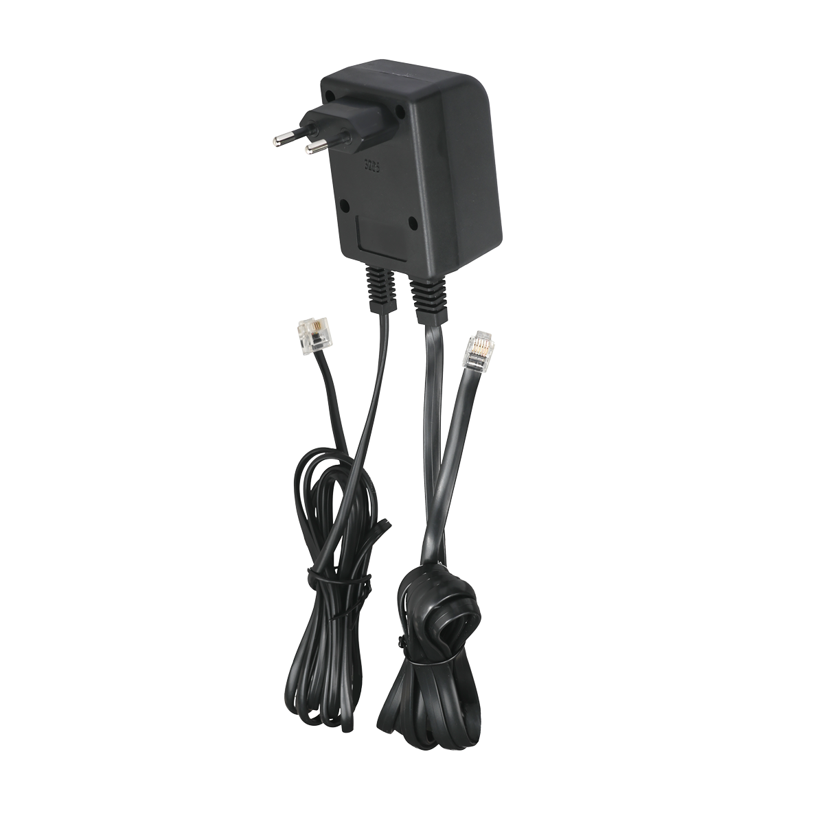 Steckernetzteil im schwarzen Kunststoffgehäuse mit Eurostecker. Fest angebrachte Kabel mit RJ-Steckern zur ISDN-Anschlussdose und zum Telefon.