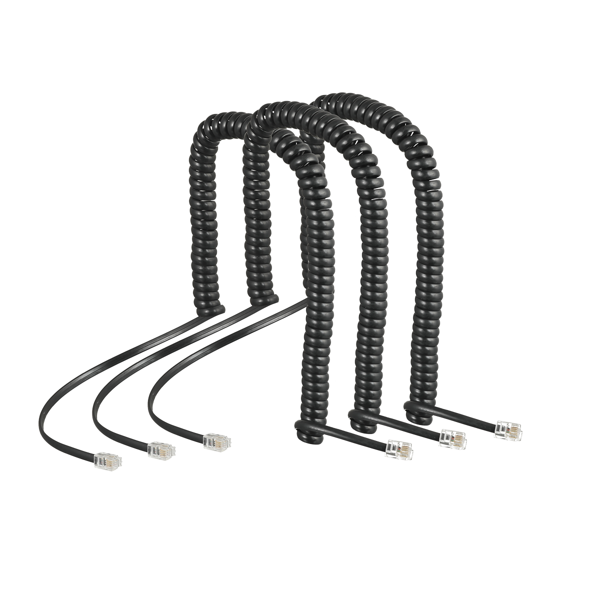 Drei schwarze Spiralkabel, jeweils beidseitig mit RJ-10-Steckern.