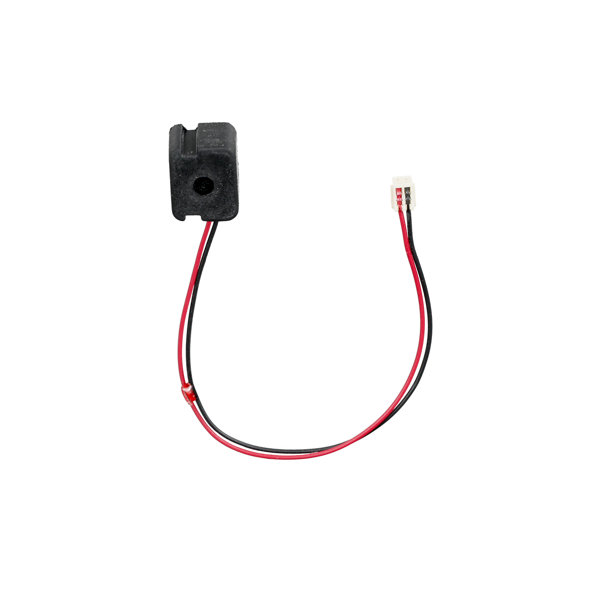 In schwarzem Kunststoff gekapseltes Mikrofon mit Anschlussstecker.