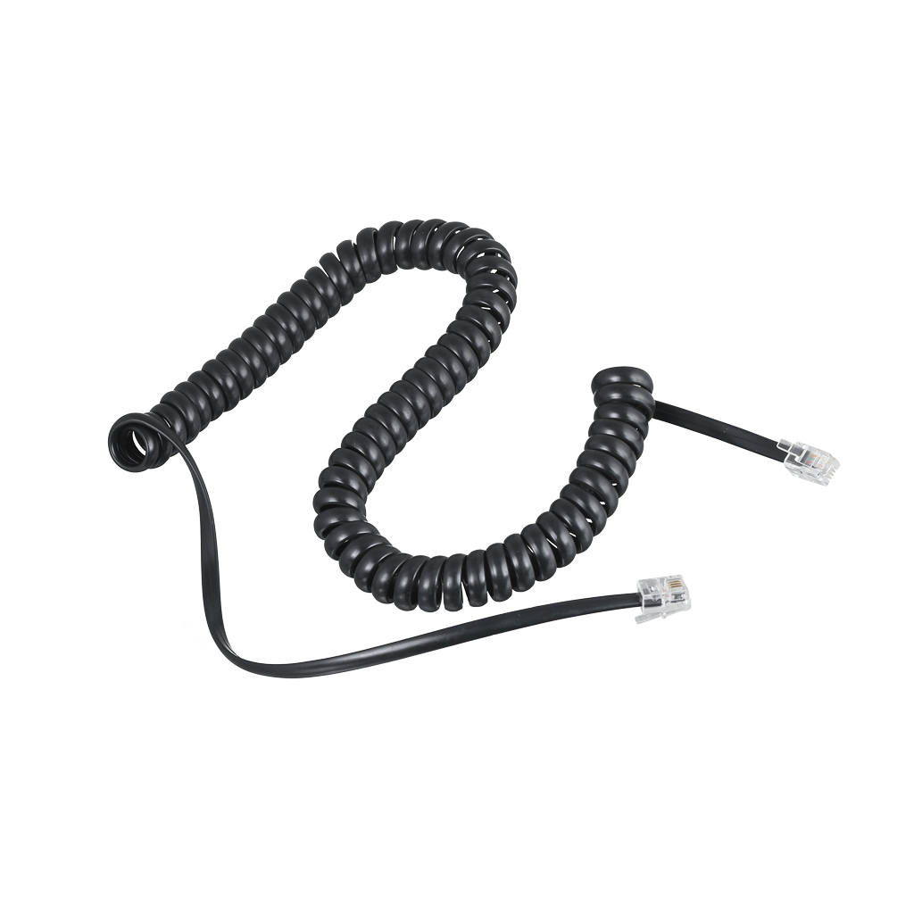 Schwarzes Spiralkabel, beidseitig mit RJ-10-Steckern.