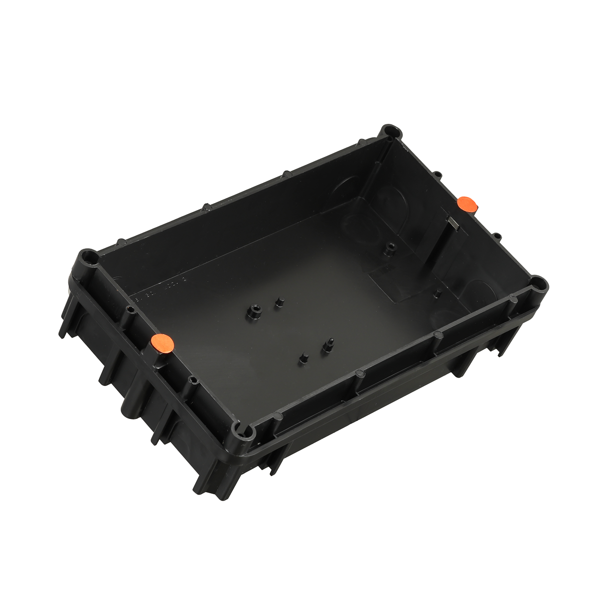 unterputzdose-tfs-dialog-300-serie-55026-a Flush-mounted box made of black plastic, with fixing holes for wall installation and for door intercom systems.