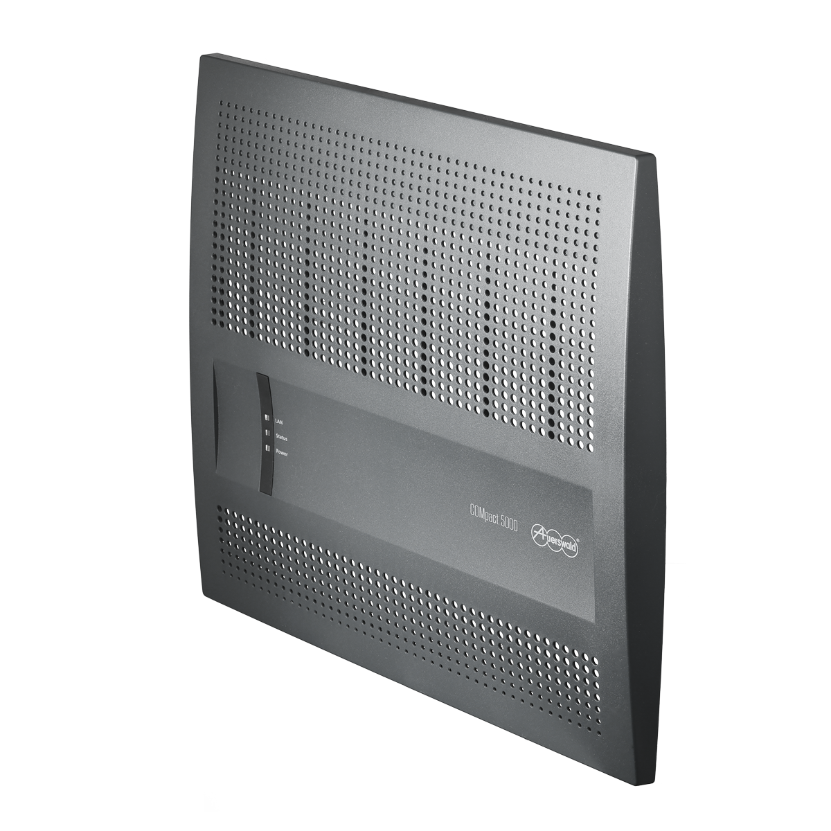 gehaeusedeckel-compact-5000-55009-a View from the right. Anthracite-coloured plastic cover with ventilation holes, built-in LED light guide and imprint of the product name.