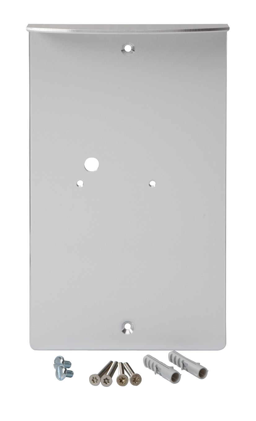 produkt_au_wetterschutzdach_gross_front Front view. Angled mounting plate made of anodised aluminium, with screws and plugs, with holes for wall mounting and fixing the door intercom system.