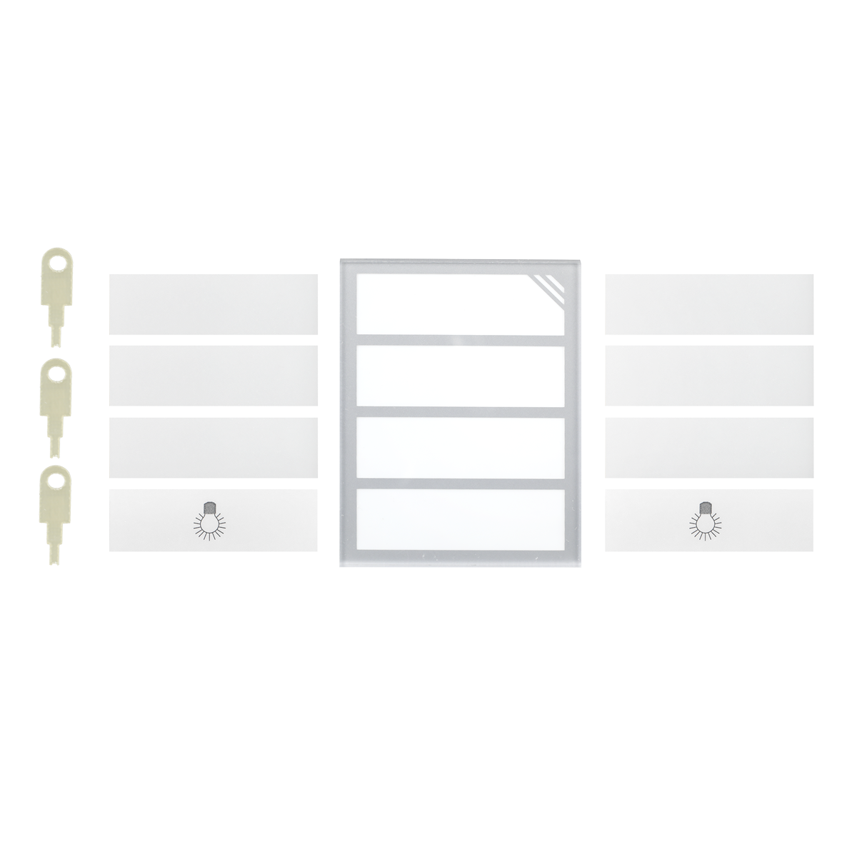 namensschild-tfs-dialog-103-203-104-201-55023-c Four millimetre thick Plexiglas pane, white labelling sheets, 23 millimetres high, unlocking key for the housing.