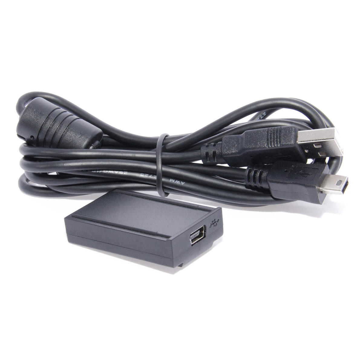 Schwarzes Einsteckmodul mit Mini-USB-Buchse und USB-Anschlusskabel.