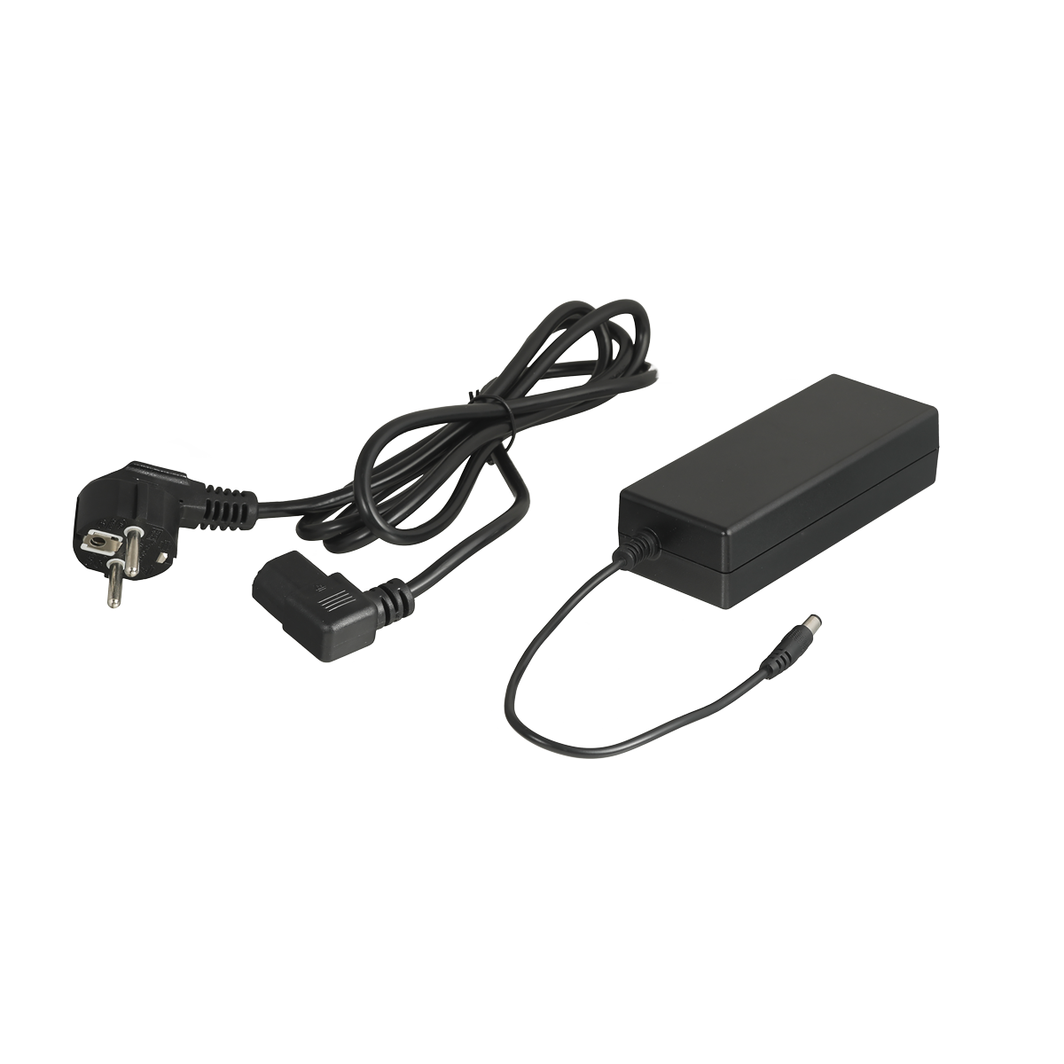 externes-netzteil-compact-4000-55011-a Power supply unit in black plastic housing. Connection cable for the ICT system permanently attached. Mains connection cable with IEC plug approx. 1.6 metres long.