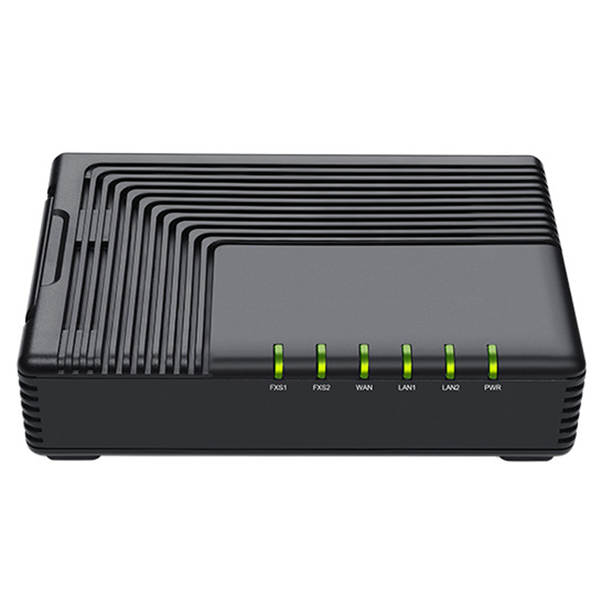 AU_Onlineshop_Produktabbildung_2-Port-ATA_frontal_1200x1200px Front view. Black plastic housing with 6 LEDs for signalling various operating states.