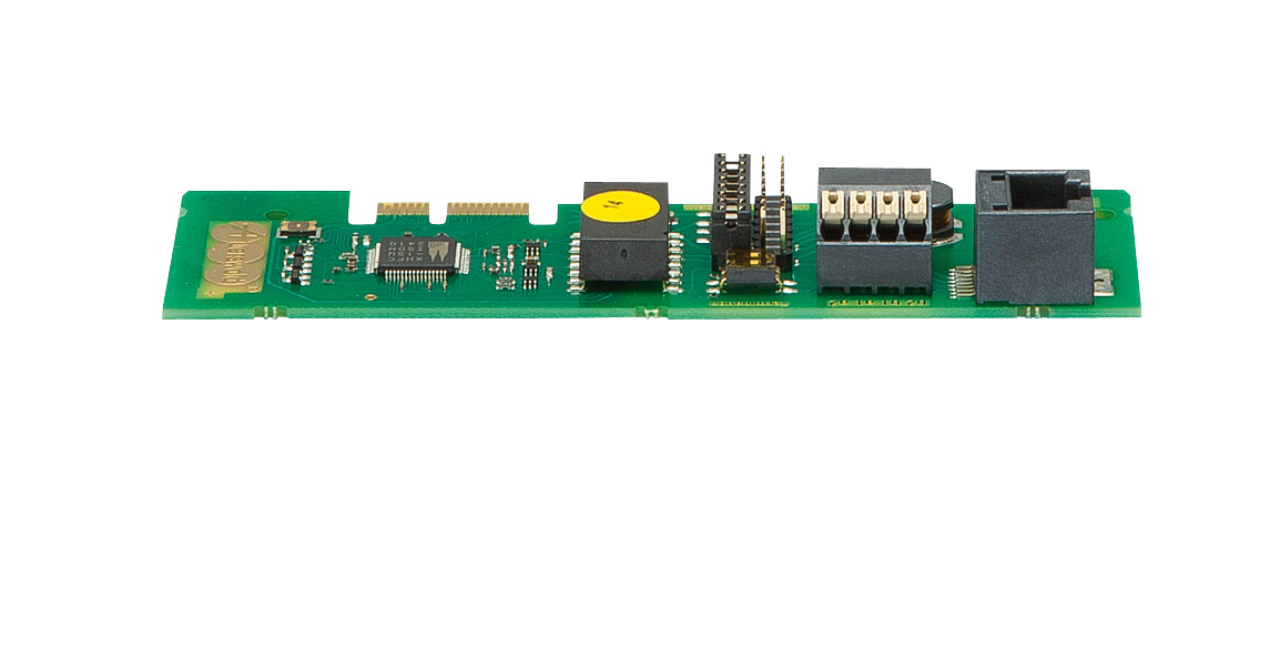 produkt_au_compactisdn_front Electronic board with contact strip for plugging into the ICT system as well as screw terminals and RJ-45 socket for connecting internal ISDN devices or an external ISDN connection.