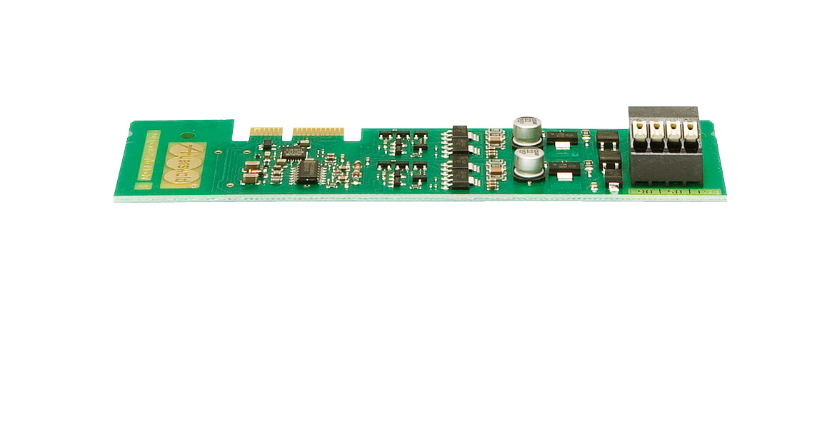 produkt_au_compact2a-b_front Electronic circuit board with contact strip for plugging into the ICT system and screw terminals for connecting analogue devices.