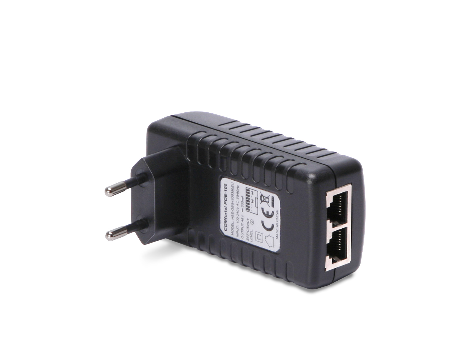 Steckernetzteil im schwarzen Kunststoffgehäuse mit Eurostecker. An der Unterseite zwei RJ-45-Buchsen für LAN-Eingang und PoE-Ausgang.