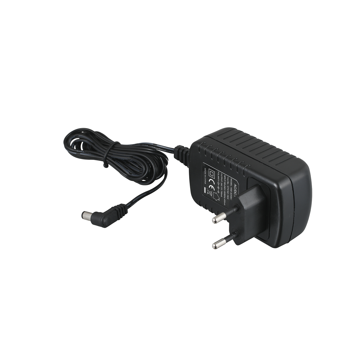Steckernetzteil im schwarzen Kunststoffgehäuse mit Eurostecker. Anschlusskabel zum Wählgerät fest angebracht, zirka 2 Meter lang, mit abgewinkeltem Hohlstecker.