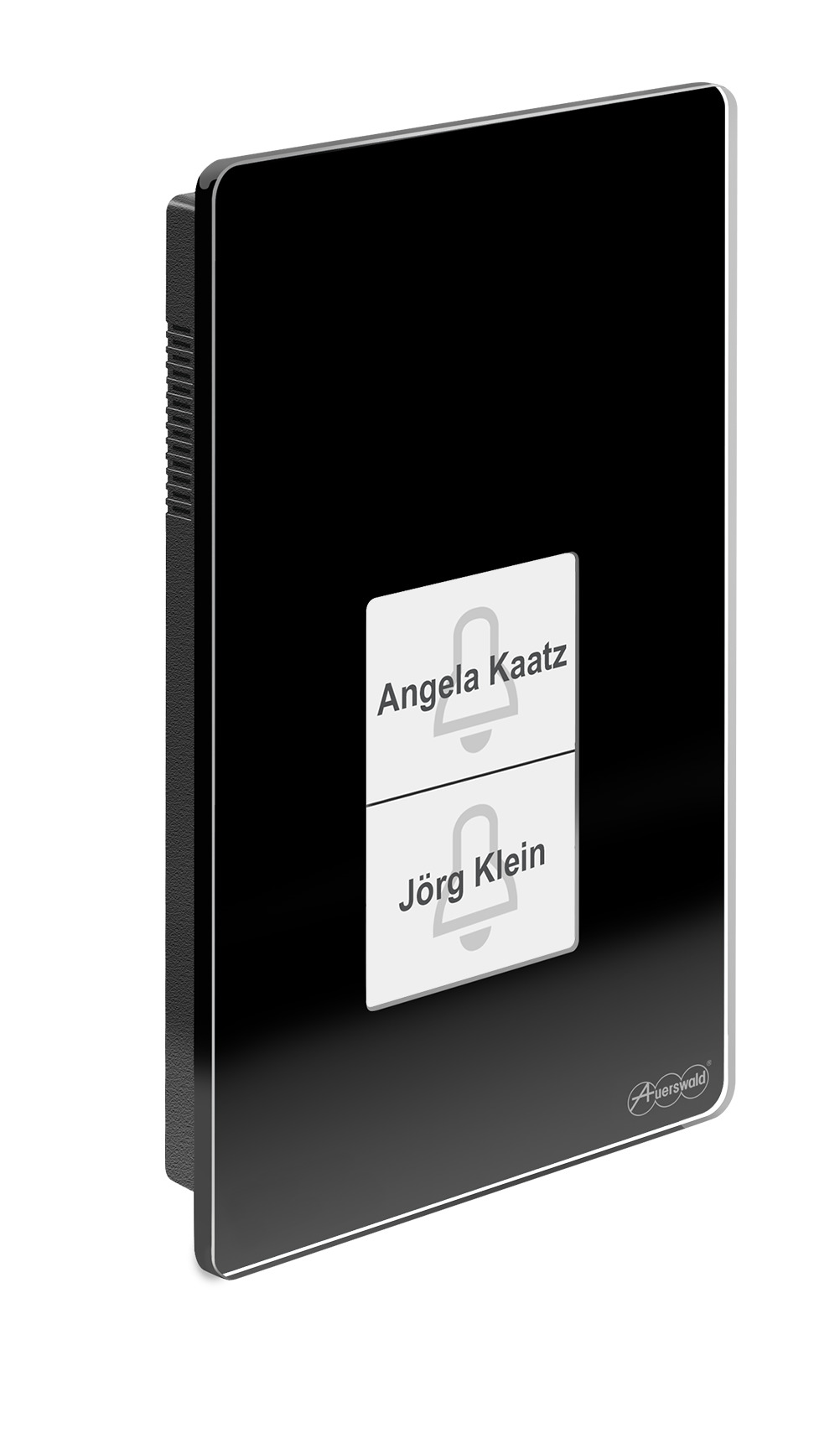 Seitliche Ansicht. Schwarze Glasscheibe mit berührungssensitivem Beschriftungsfeld. Rückseitiger Kunststoffkasten zur Abdeckung und Wandmontage.