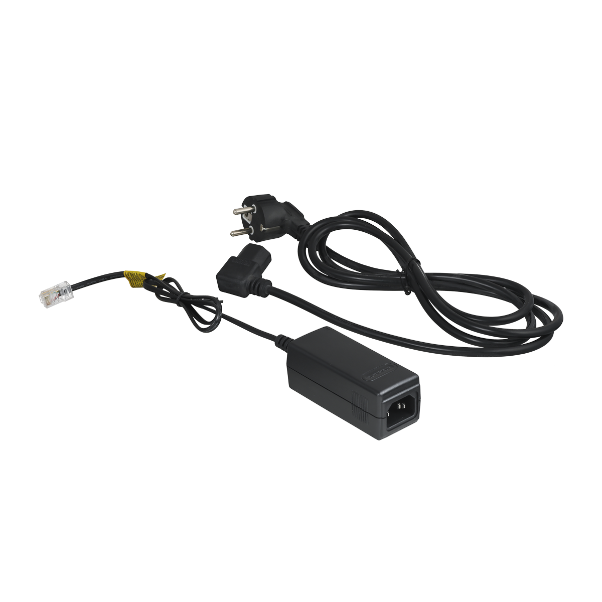 netzteil-comfortel-xt-ps-90573-a Power supply unit in black plastic housing. Connection cable for the kex extension module permanently attached. Mains connection cable with IEC plug. Total cable length approx. 3 metres.