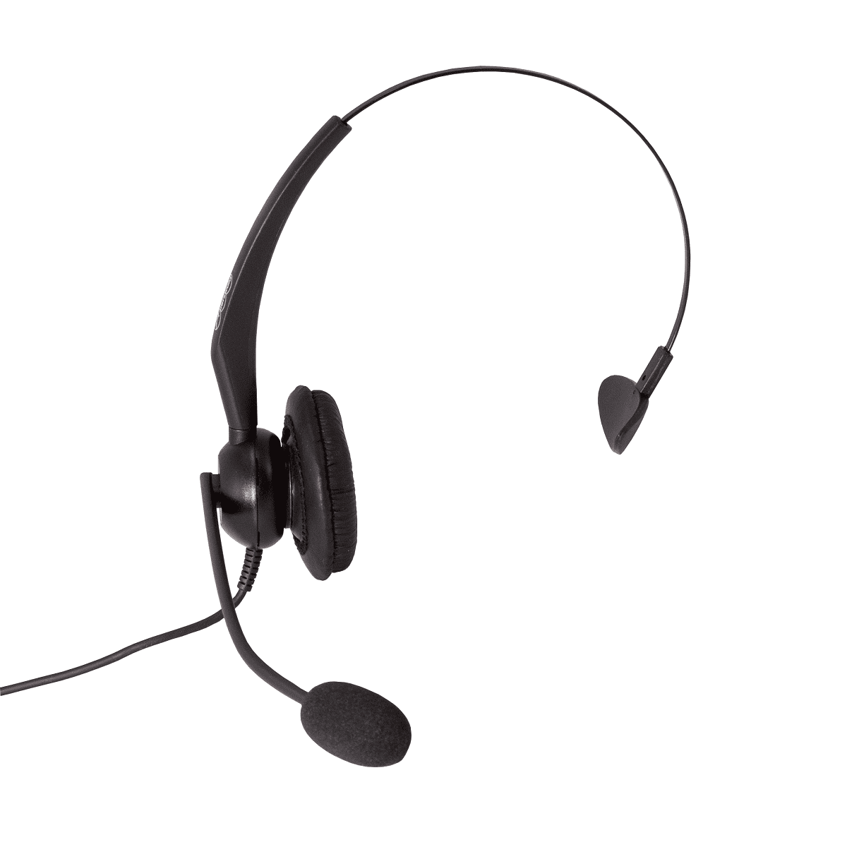 Front view. Black headset with black leatherette ear pads and black foam windshield.