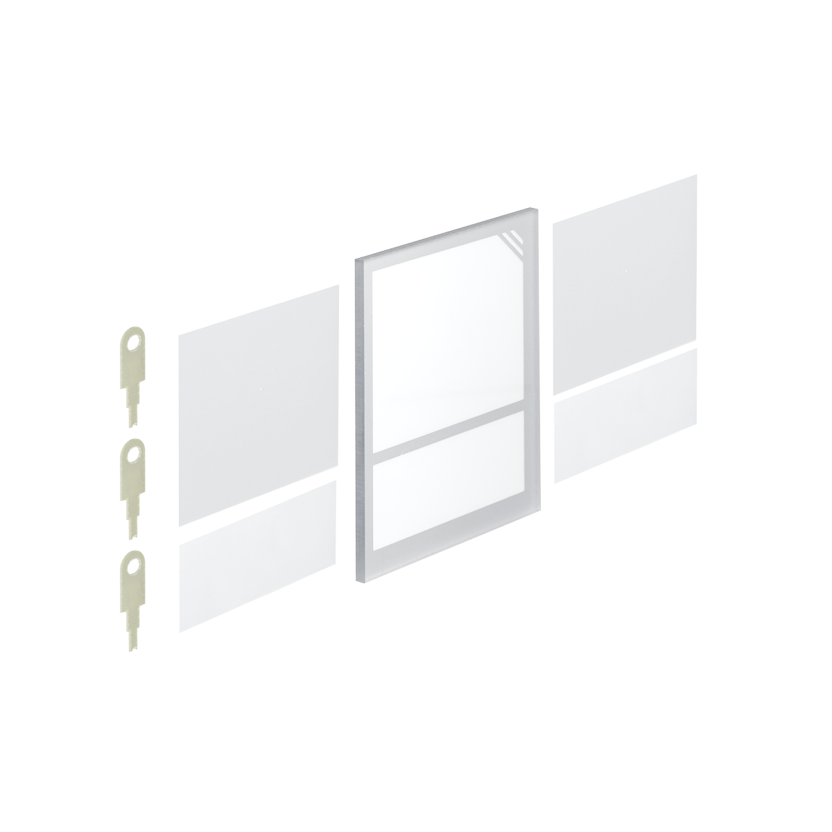 Vier Millimeter starke Plexiglasscheibe, weiße Beschriftungsblätter, 29 und 56 Millimeter hoch, Entriegelungsschlüssel für das Gehäuse.
