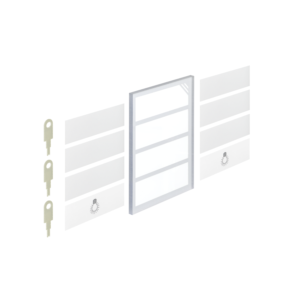 Vier Millimeter starke Plexiglasscheibe, weiße Beschriftungsblätter, 23 hoch, Entriegelungsschlüssel für das Gehäuse.