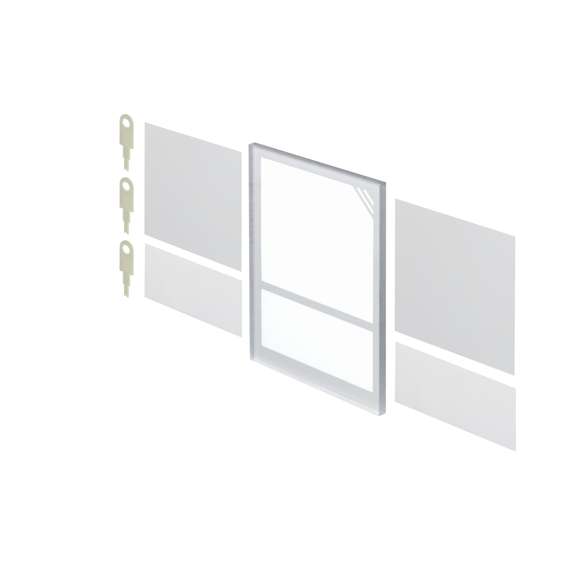 Vier Millimeter starke Plexiglasscheibe, weiße Beschriftungsblätter, 29 und 56 Millimeter hoch, Entriegelungsschlüssel für das Gehäuse.
