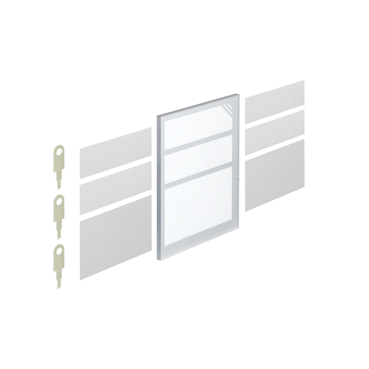 Vier Millimeter starke Plexiglasscheibe, weiße Beschriftungsblätter, 23 und 41 Millimeter hoch, Entriegelungsschlüssel für das Gehäuse.