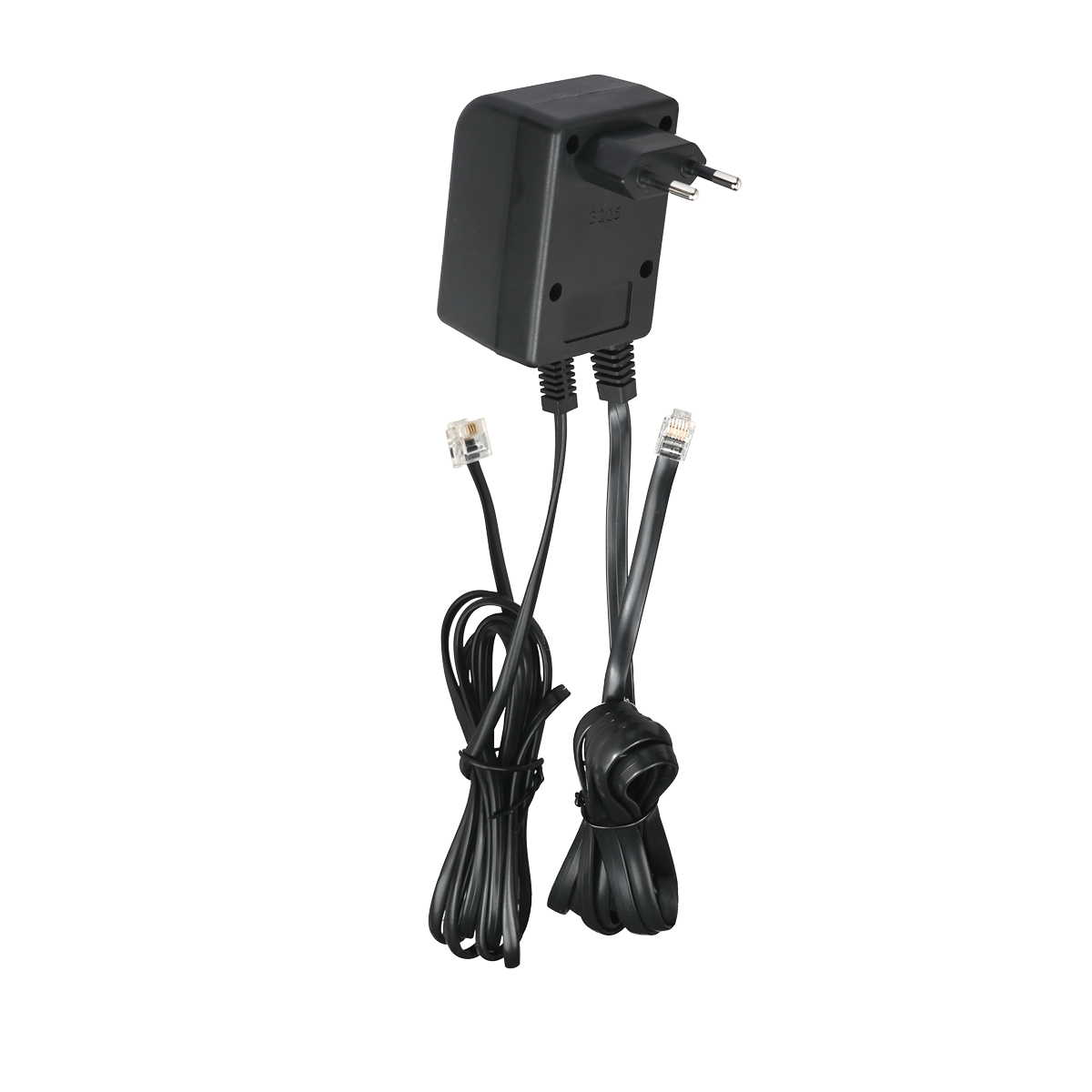 Steckernetzteil im schwarzen Kunststoffgehäuse mit Eurostecker. Fest angebrachte Kabel mit RJ-Steckern zur ISDN-Anschlussdose und zum Telefon.
