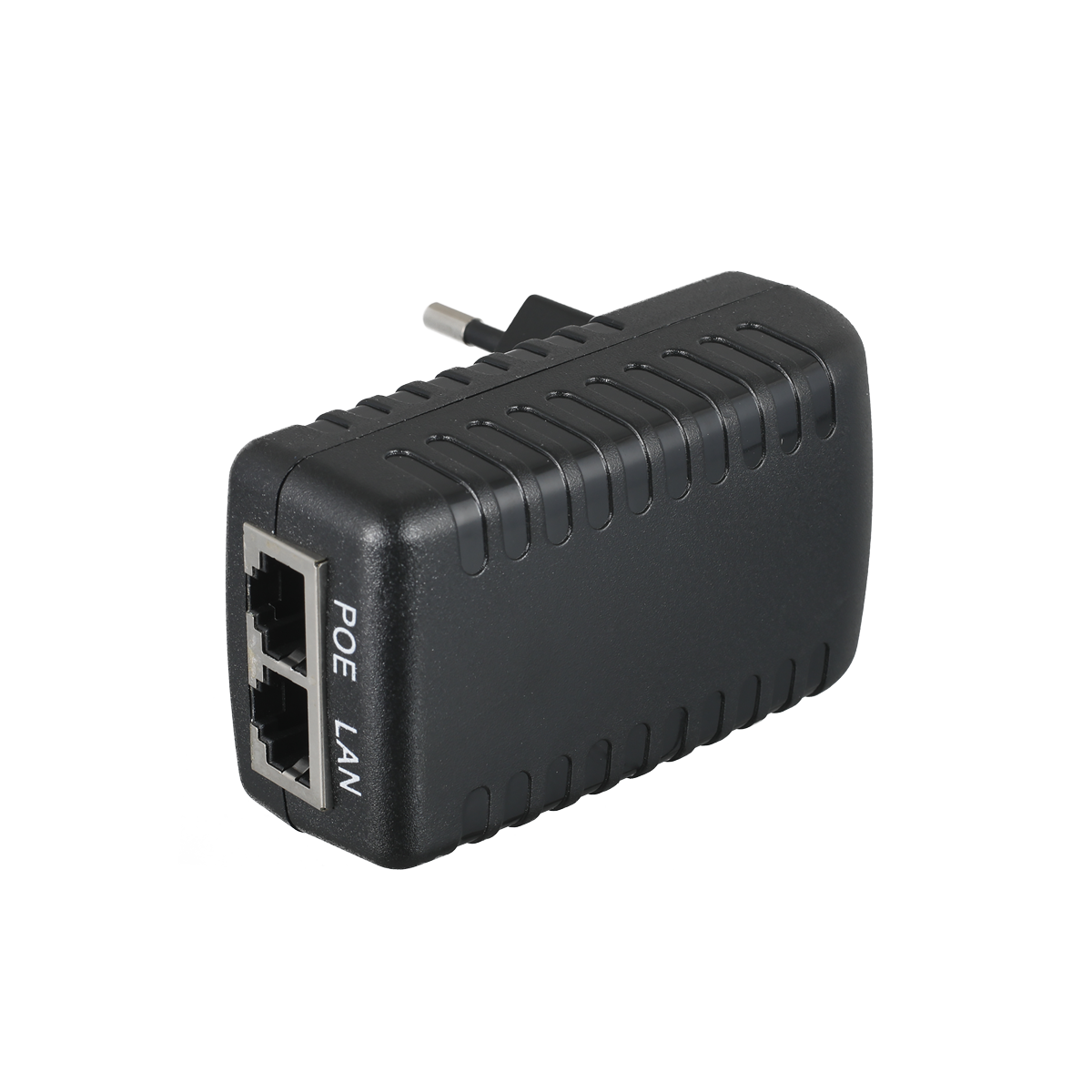 comfortel-poe-100-90075-c Plug-in power supply unit in black plastic housing with Euro plug. Two RJ-45 sockets for LAN input and PoE output on the underside.