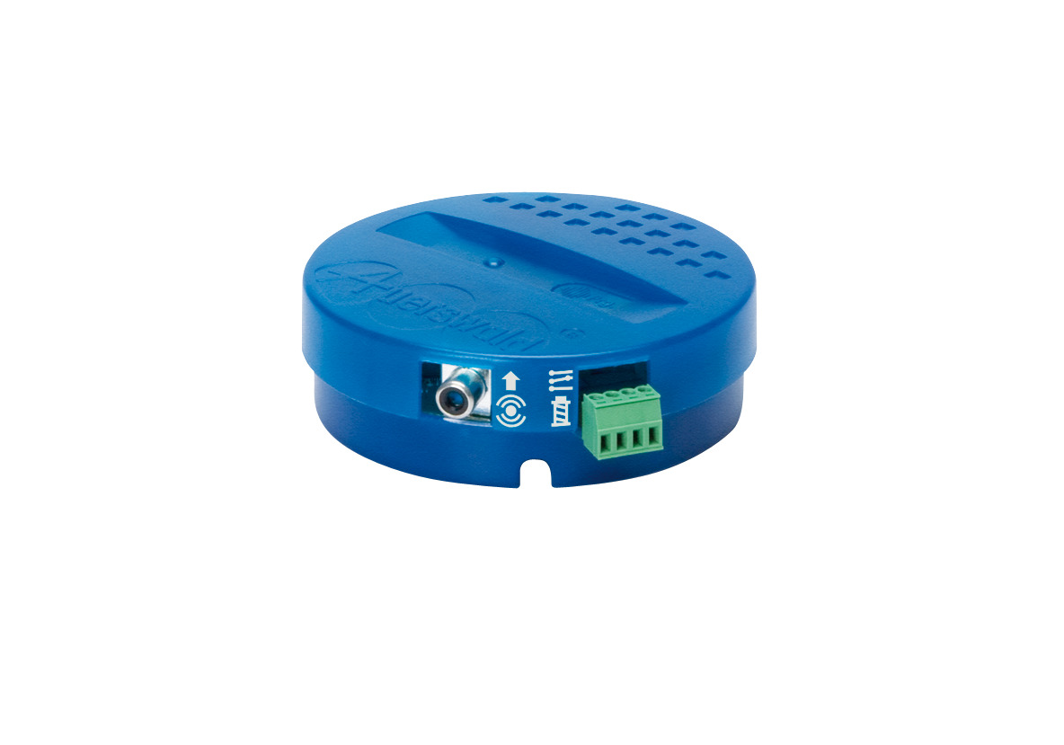 produkt_au_abaudiobox_front Blue, circular plastic housing with RCA socket for connecting the audio source and plug-in terminals for connecting to the a/b port of the ICT system.