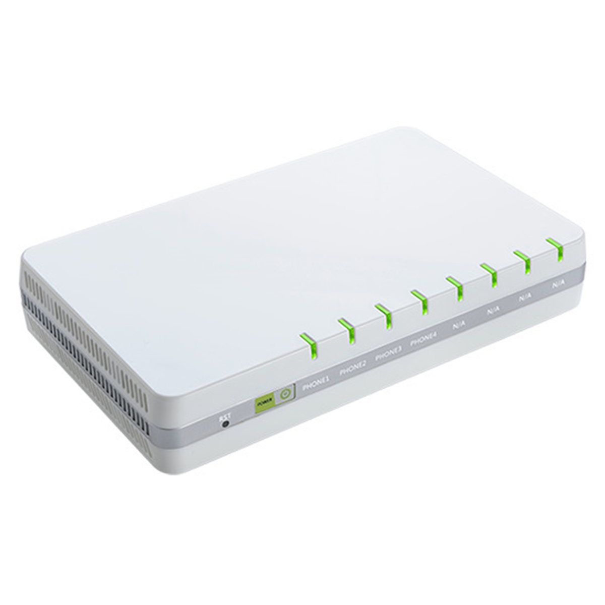 Seitliche Ansicht. White plastic housing with 8 LEDs for signalling various operating states.