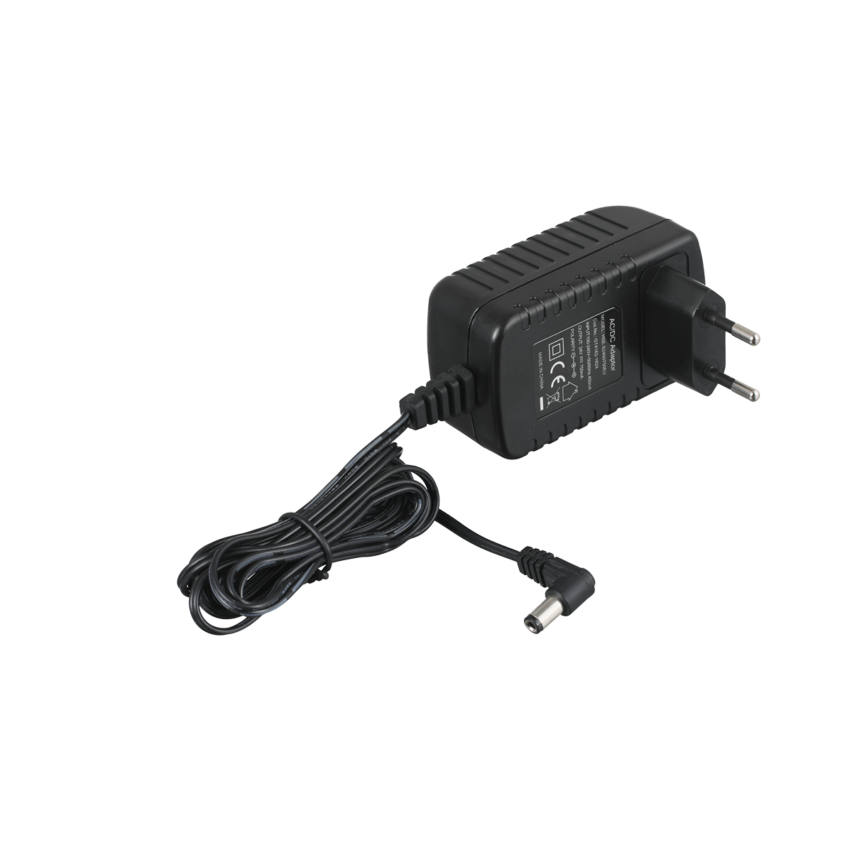 steckernetzteil-wg-640-55013-a Plug-in power supply unit in black plastic housing with Euro plug. Connection cable to the dialling unit permanently attached, approx. 2 metres long, with angled coaxial power plug.